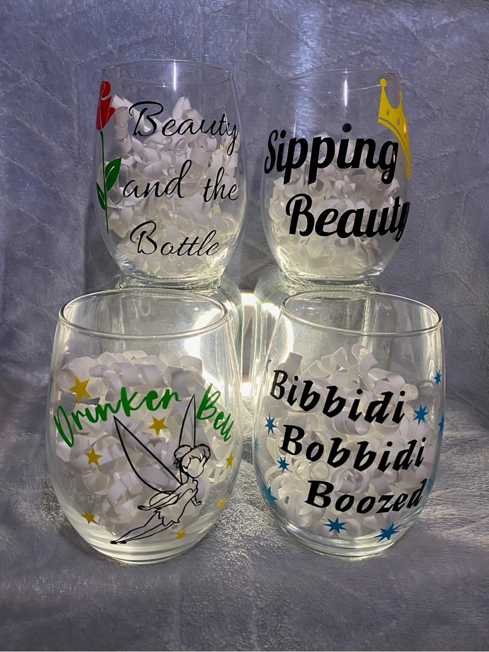 Set of 4 Novelty Stemless Wine Glasses - Beauty & Fairy Themes